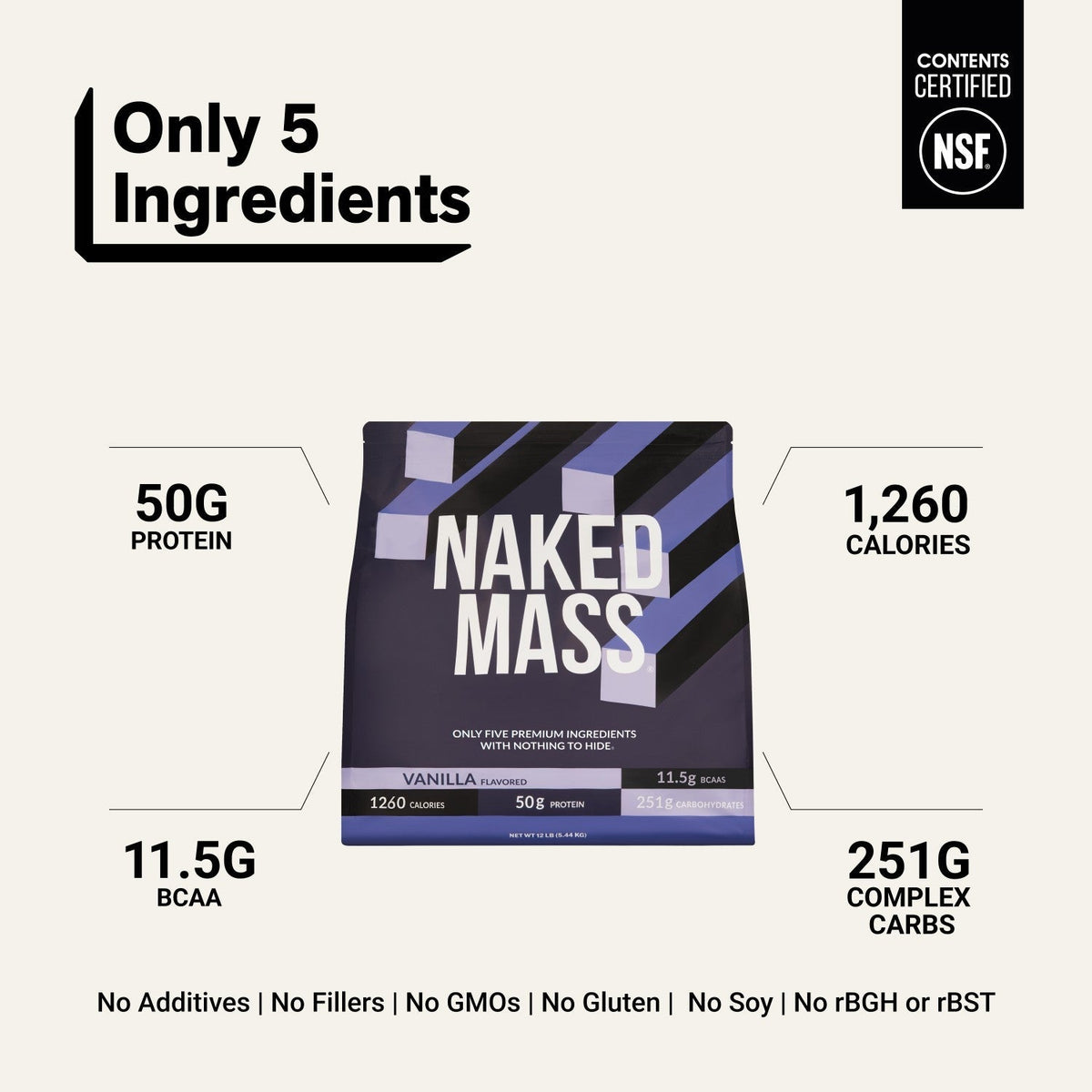 Vanilla Mass Gainer Protein Supplement | Naked Vanilla Mass - 12LB